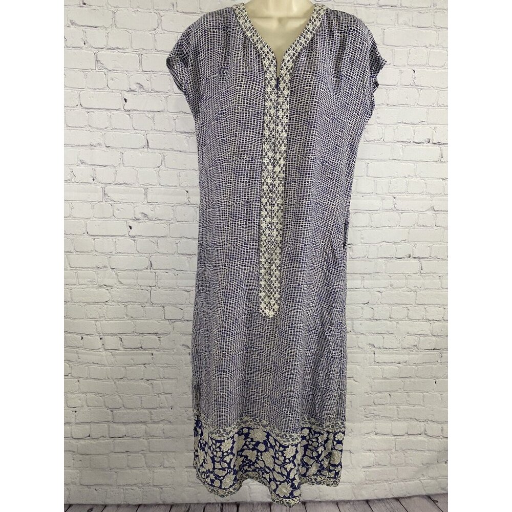 Patio Casuals Cabernet Long Blue White Floral Embroidered Pockets Dress S Small
